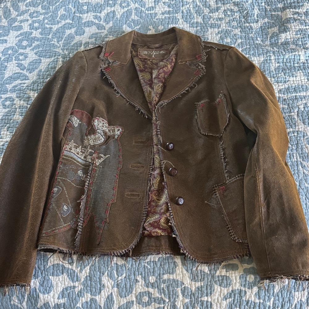 Brown Distressed Blazer with Patchwork